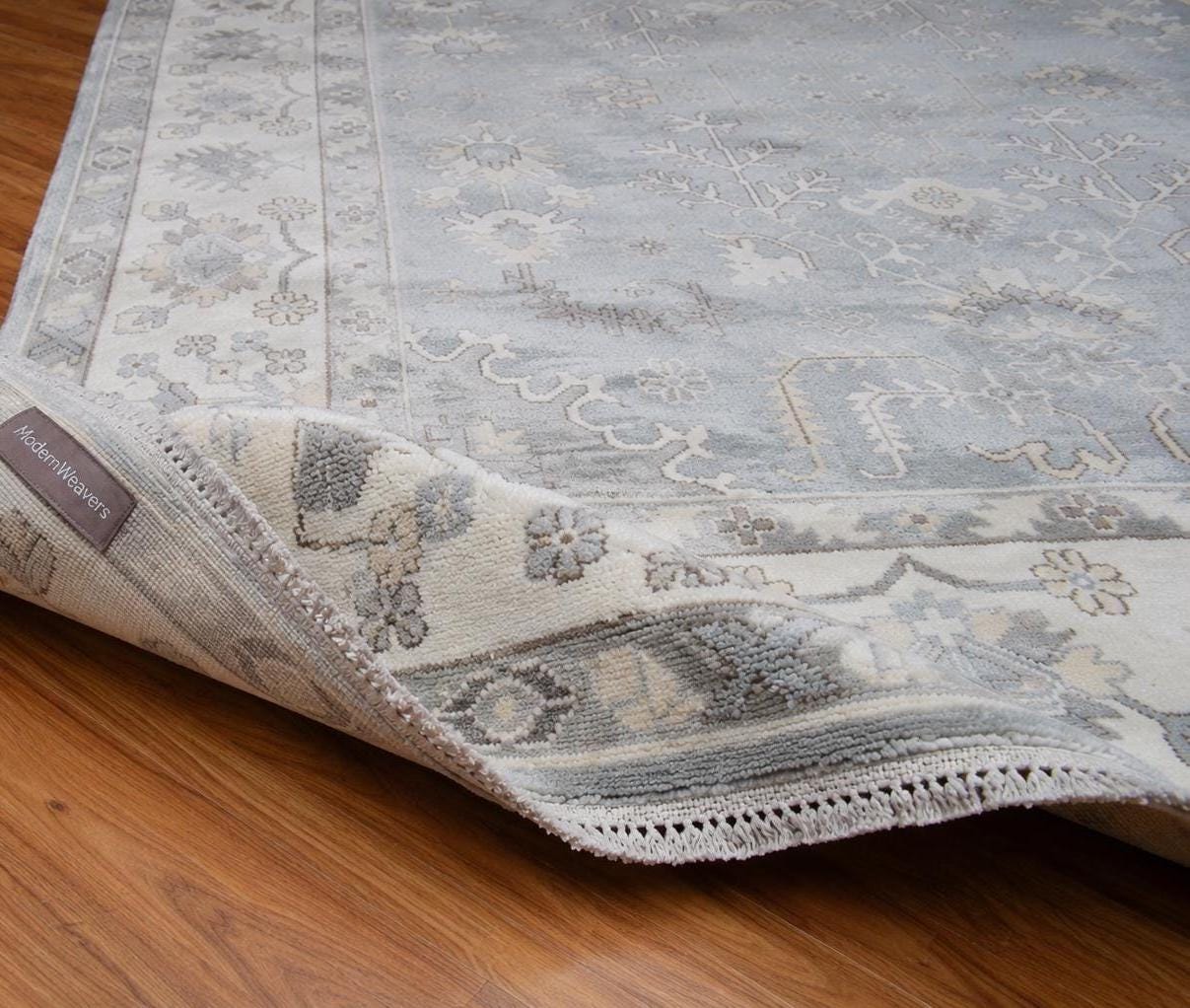 Hand Knotted Oushak Rug | Light Blue Ivory Wool Carpet 9x12
