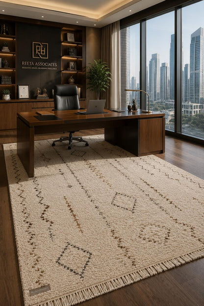 Hand-Knotted Moroccan Rug | Cream Brown Beni Ourain Style Tribal Diamond Wool Area Rug