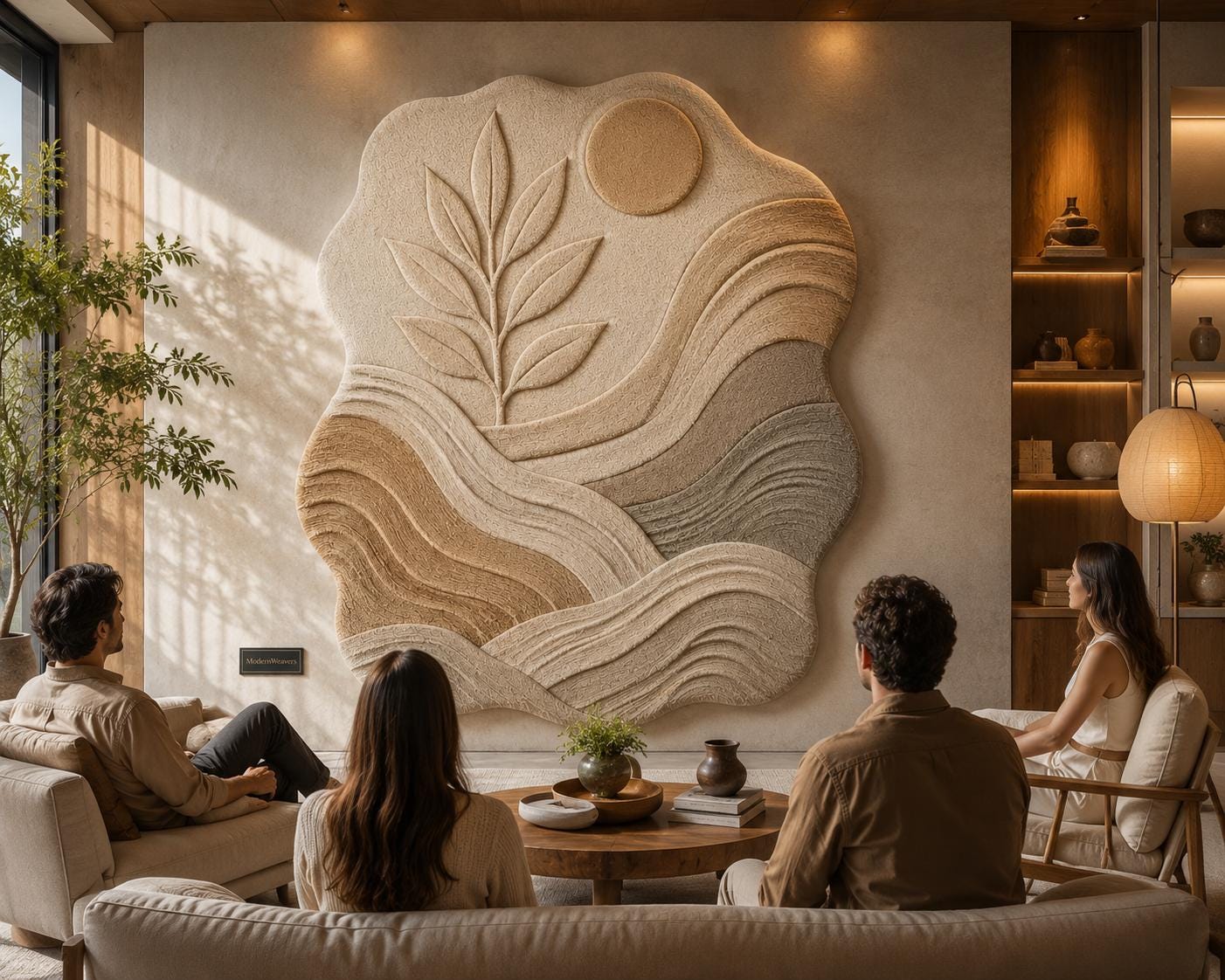 Botanical Landscape Hand Tufted Rug | Neutral Boho Wavy Area Rug | 3D Textured Leaf & Sun Carpet | Earth Tone Abstract Room Decor