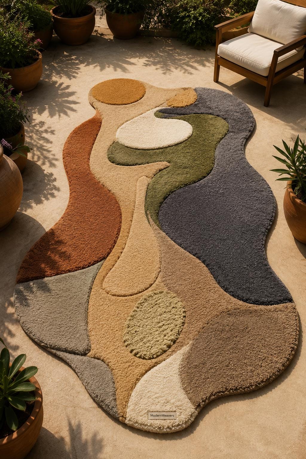 3D Carved Abstract Rug | Organic Wavy Shape Carpet, Earth Tone Wabi Sabi Floor Art