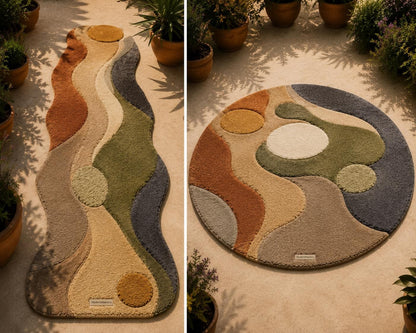 3D Carved Abstract Rug | Organic Wavy Shape Carpet, Earth Tone Wabi Sabi Floor Art