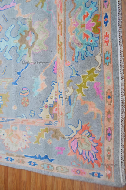 Hand Knotted Wool Rug, 8x10 Pastel Oushak Carpet, Gray Mint Green Living Room Rug