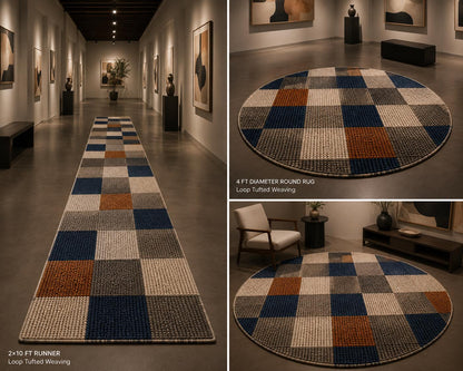 Modern Geometric Loop-Tufted Area Rug | Navy Blue, Mustard & Charcoal Textured Rug