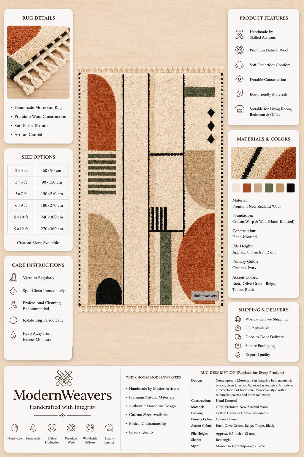 Bauhaus Geometric Moroccan Rug | Terracotta Sage Wool Carpet | Mid Century Modern Area Rug