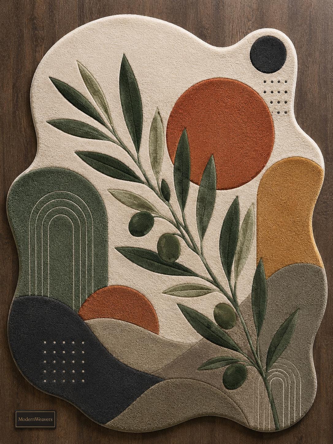 Abstract Olive Branch Hand Tufted Rug | Mid Century Modern Botanical Area Rug | Terracotta & Green Boho Room Decor | Irregular Shaped Carpet