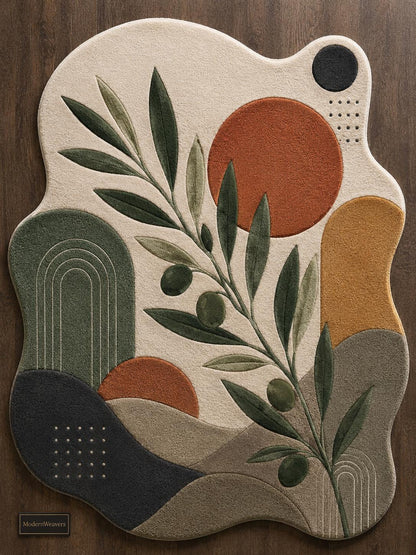 Abstract Olive Branch Hand Tufted Rug | Mid Century Modern Botanical Area Rug | Terracotta & Green Boho Room Decor | Irregular Shaped Carpet