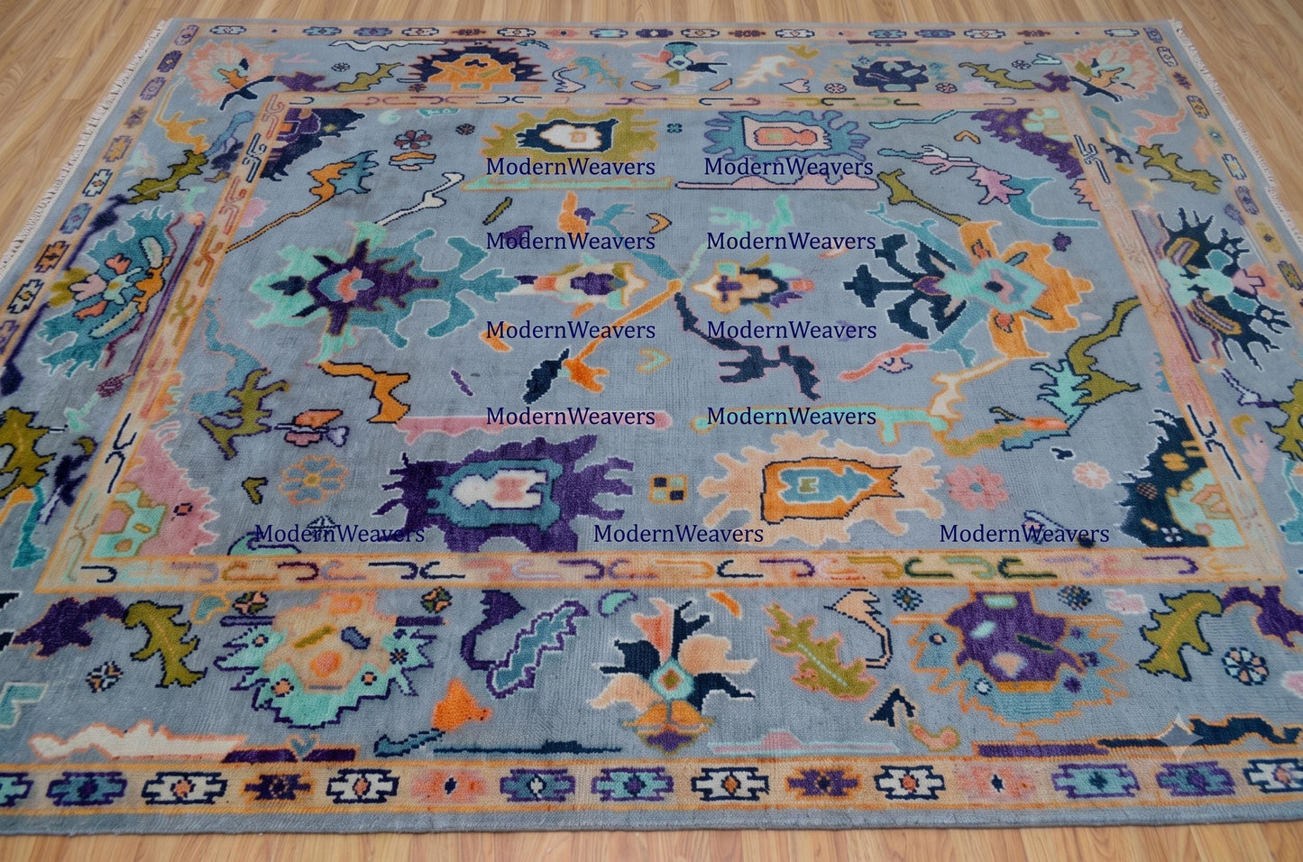 Hand-Knotted Oushak Rug 8x10, Pastel Lavender Blue Turkish Wool Carpet