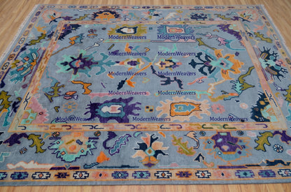 Hand-Knotted Oushak Rug 8x10, Pastel Lavender Blue Turkish Wool Carpet