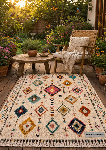 Hand-Knotted Moroccan Rug | Colorful Berber Shag Area Rug, Geometric Tribal Style