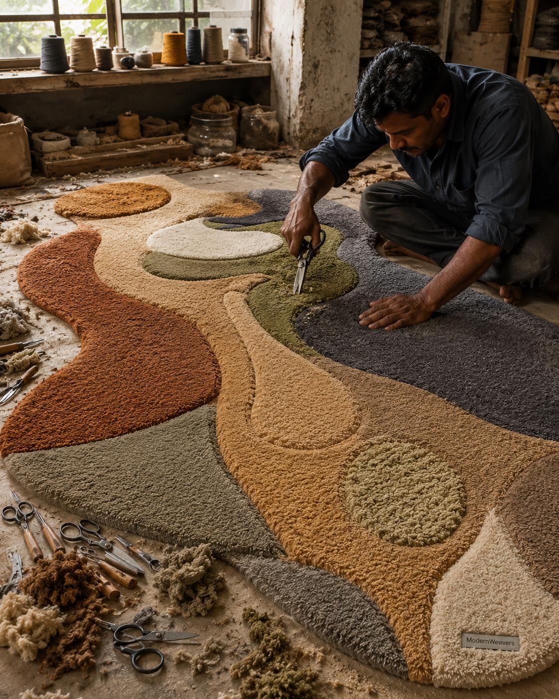 3D Carved Abstract Rug | Organic Wavy Shape Carpet, Earth Tone Wabi Sabi Floor Art