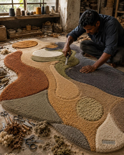 3D Carved Abstract Rug | Organic Wavy Shape Carpet, Earth Tone Wabi Sabi Floor Art