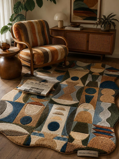 Modern Geometric Hand Tufted Rug | Bauhaus Abstract Art Carpet | Textured Mid-Century Modern Floor Decor | Unique Organic Shape Area Rug