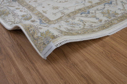 Hand Knotted Oushak Style Area Rug | Cream, Soft Blue, and Muted Gold Geometric Rug | Neutral Modern Farmhouse Wool Rug