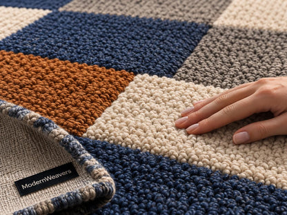 Modern Geometric Loop-Tufted Area Rug | Navy Blue, Mustard & Charcoal Textured Rug