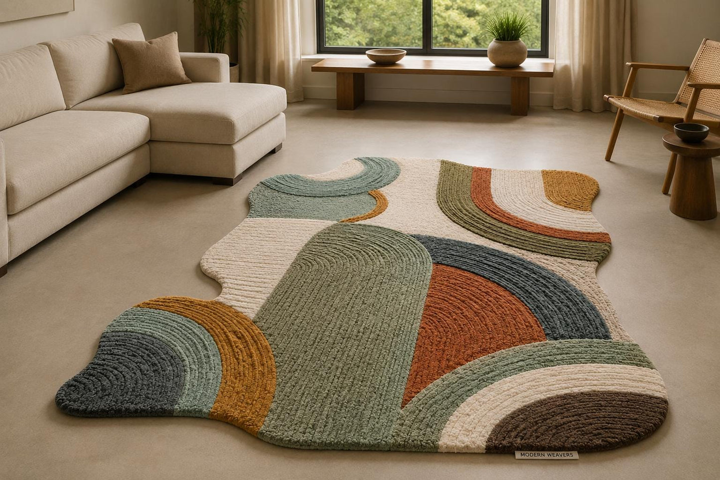 Organic Shape Hand Tufted Rug | Textured Geometric Arch Design | Earth Tone Ribbed Carpet | Mid-Century Modern Abstract Boho Area Rug