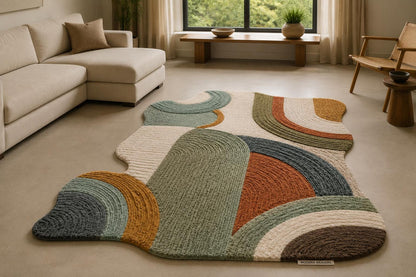 Organic Shape Hand Tufted Rug | Textured Geometric Arch Design | Earth Tone Ribbed Carpet | Mid-Century Modern Abstract Boho Area Rug