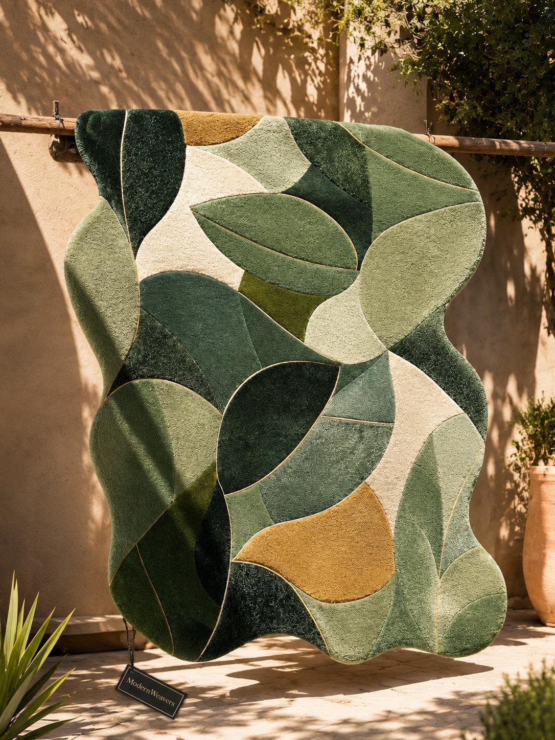 Botanical Leaves Hand Tufted Rug | Modern Abstract Foliage Carpet | Green & Earth Tone Organic Shape Area Rug | Luxury Leaf Pattern Decor