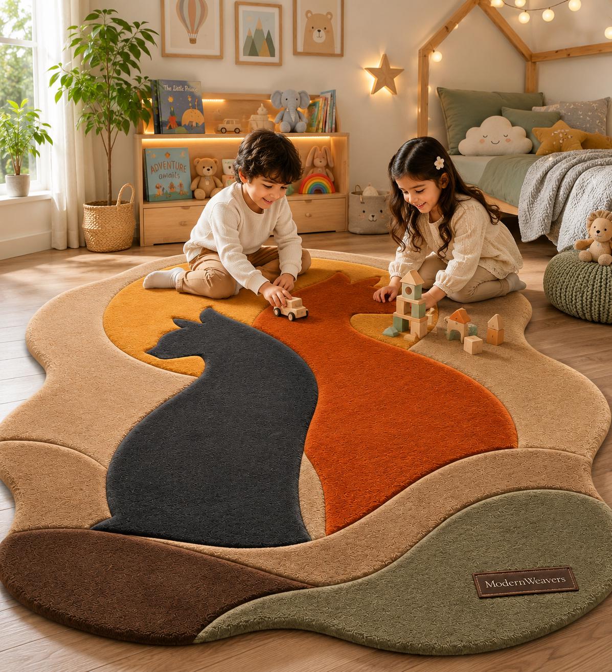 Cat Silhouette Hand Tufted Rug | Whimsical Pet Lover Area Rug | Modern Sun & Cats Wall Art | 3D Textured Boho Carpet for Cat Owners