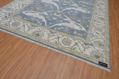 Hand-Knotted Oushak Style Wool Rug | Blue Ivory Geometric Medallion Carpet 8x10