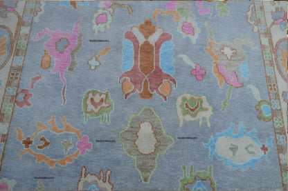 Hand-Knotted Wool Oriental Floral Rug – Soft Blue Pastel Accents, 8x10 Area Carpet