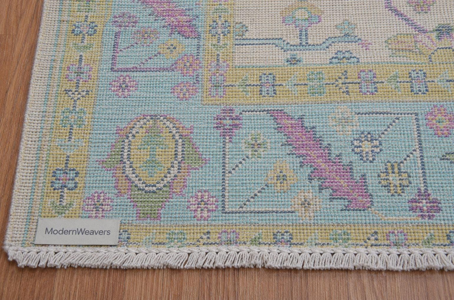 Hand-Knotted Oushak Rug | Pastel Floral Wool Area Rug | Cream, Light Blue, and Pink Transitional Rug | Large Living Room Rug