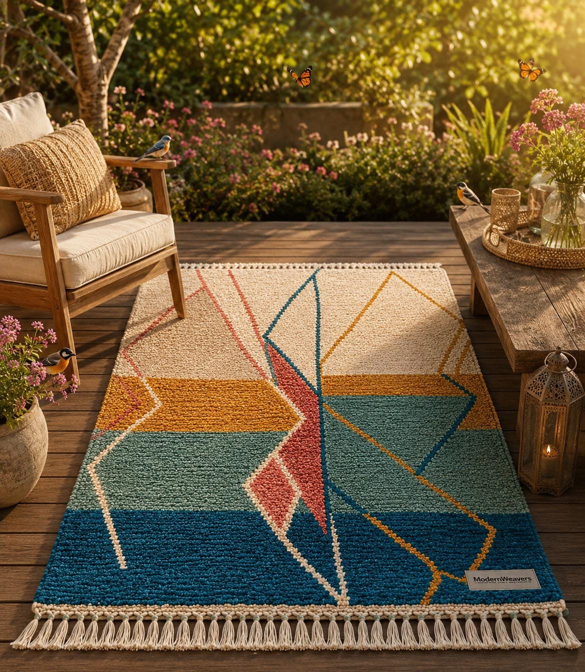 Hand Knotted Moroccan Wool Rug | Abstract Sunset Geometric Carpet, Boho Teal Mustard Coral