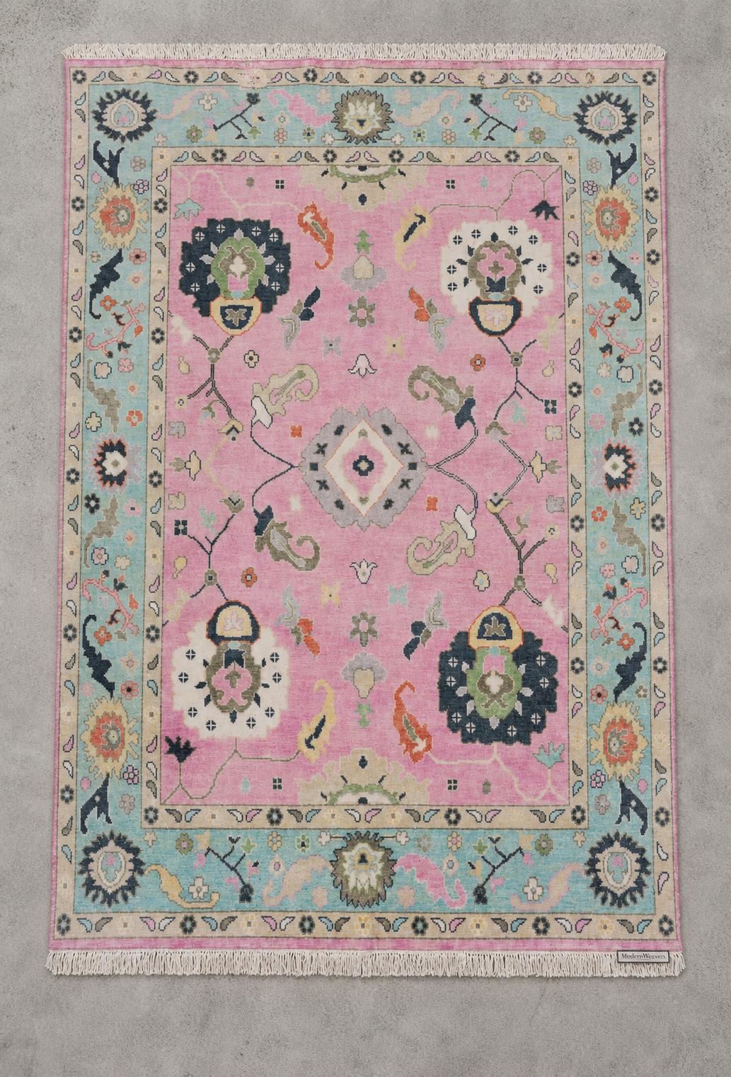 Pink Oushak Rug with Teal Border | ModernWeavers Hand-Knotted Wool Area Rug | Turkish Floral Medallion Carpet for Living Room or Nursery