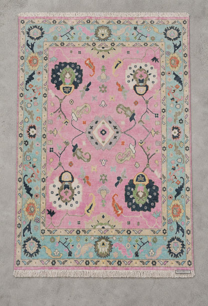 Pink Oushak Rug with Teal Border | ModernWeavers Hand-Knotted Wool Area Rug | Turkish Floral Medallion Carpet for Living Room or Nursery