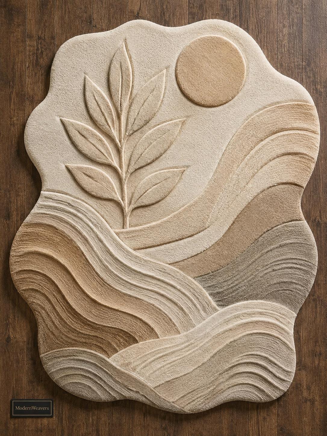 Botanical Landscape Hand Tufted Rug | Neutral Boho Wavy Area Rug | 3D Textured Leaf & Sun Carpet | Earth Tone Abstract Room Decor