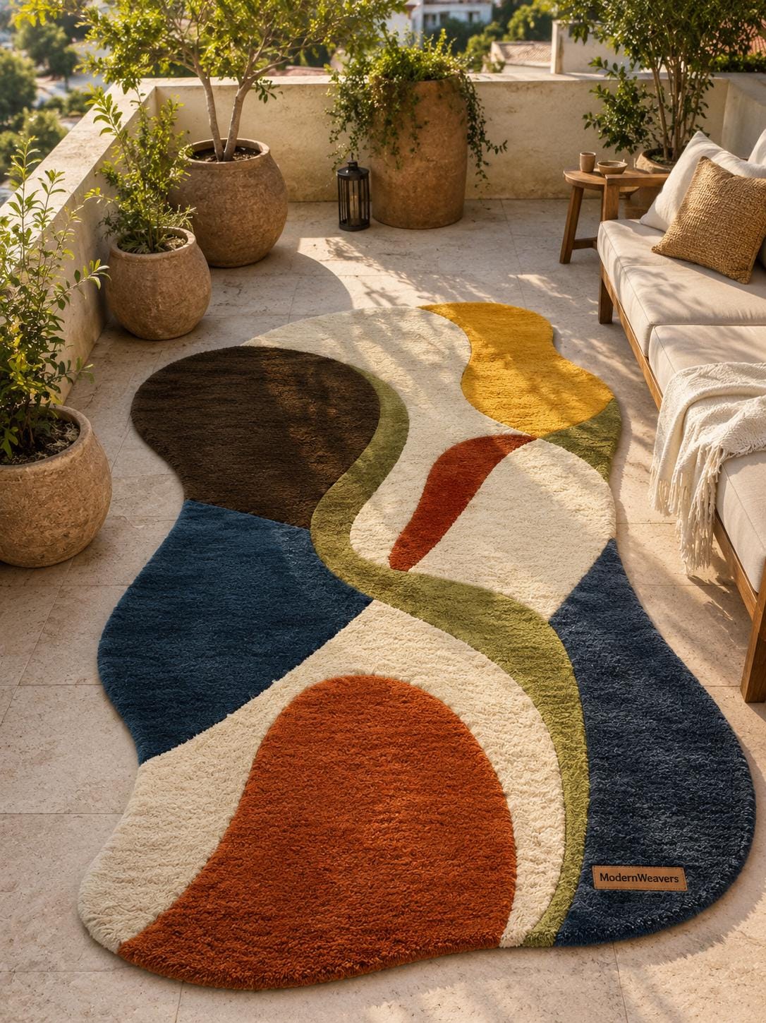 Abstract Wavy Tufted Rug | Retro 70s Colorful Carpet, Mid Century Modern Floor Art