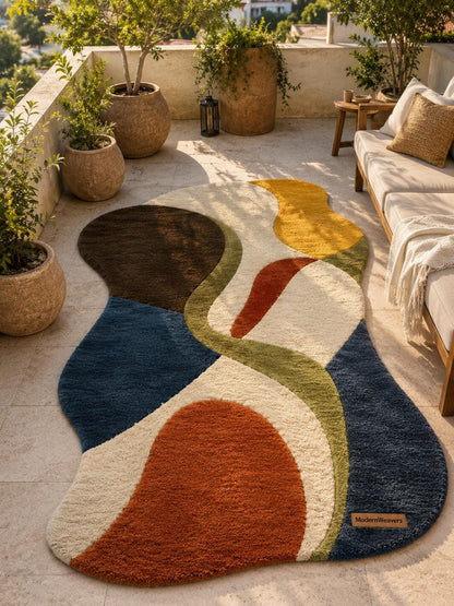 Abstract Wavy Tufted Rug | Retro 70s Colorful Carpet, Mid Century Modern Floor Art