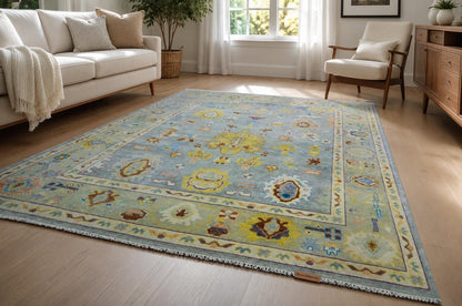 Modern Oushak Rug, Hand Knotted Wool Area Rug, Light Blue and Beige Turkish Style Geometric Floral Rug, 9x12 Area Rug for Living Room