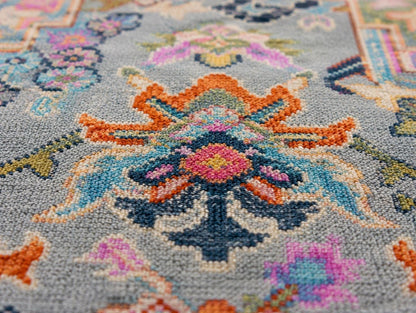 Stunning Light Blue & Vibrant Multicolor Hand-Knotted Rug | Boho Chic Geometric Floral Area Rug | Transitional Modern Oushak Style Carpet