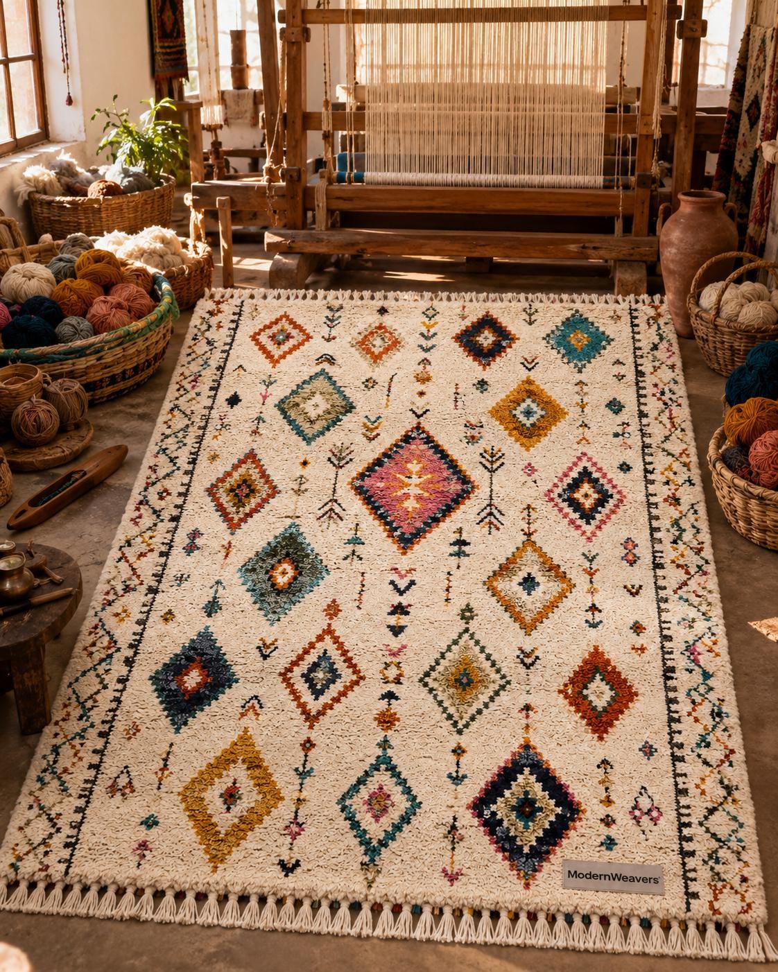 Hand-Knotted Moroccan Rug | Colorful Berber Shag Area Rug, Geometric Tribal Style