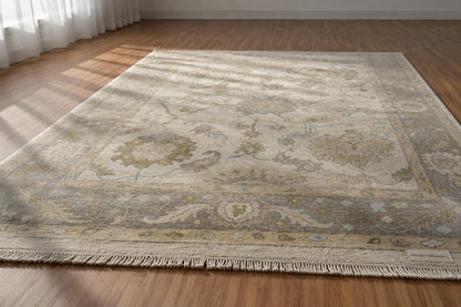 Hand-Knotted Wool Rug | Ivory, Sage Green, Light Blue Floral Oushak Style Area Rug