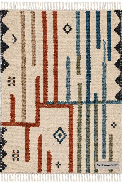 Hand Knotted Moroccan Rug | Abstract Linear Tribal Carpet, Boho Teal Rust Fringed Floor Art
