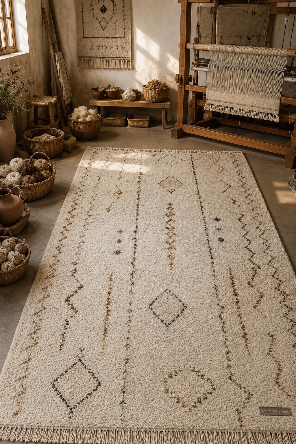 Hand-Knotted Moroccan Rug | Cream Brown Beni Ourain Style Tribal Diamond Wool Area Rug