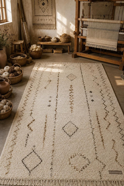 Hand-Knotted Moroccan Rug | Cream Brown Beni Ourain Style Tribal Diamond Wool Area Rug