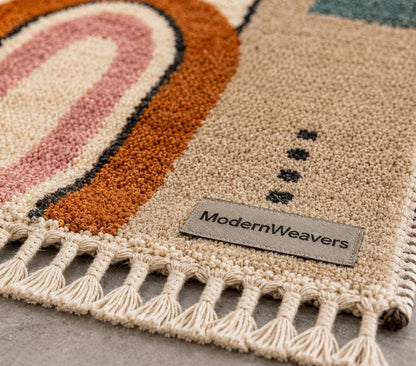 Geometric Moroccan Wool Rug | Bauhaus Arch Design, Pink Mustard Teal