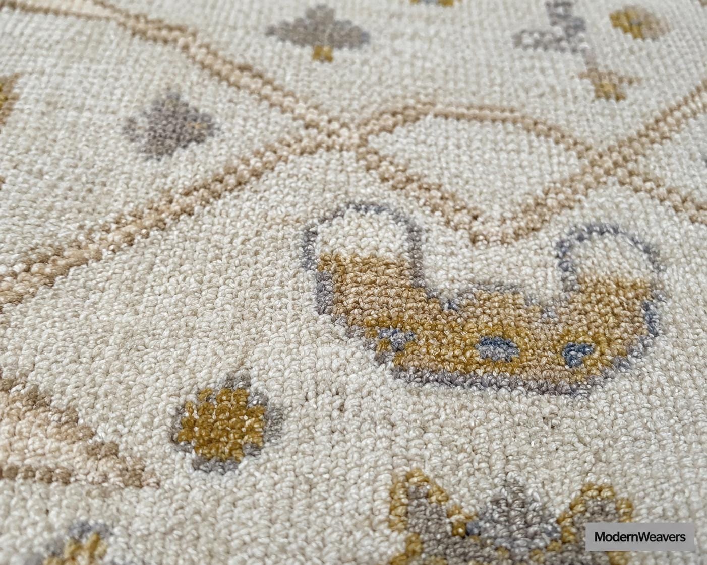 Hand Knotted Oushak Style Area Rug | Cream, Soft Blue, and Muted Gold Geometric Rug | Neutral Modern Farmhouse Wool Rug
