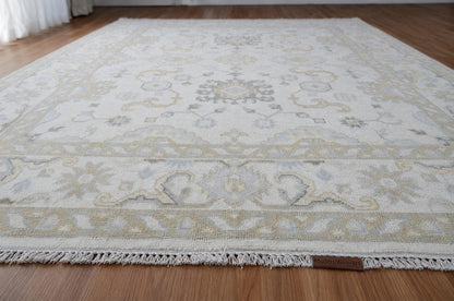 Hand-Knotted Oushak Style Rug | Pastel Ivory, Light Blue, Beige Floral Geometric Living Room Decor