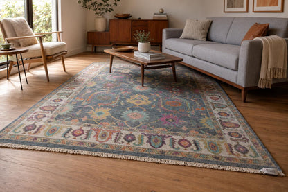 Hand-Knotted Slate Blue Area Rug | Vintage-Inspired Oushak Floral Motif | Cream & Pastel Accents | Boho Mid-Century Modern Living Room Rug