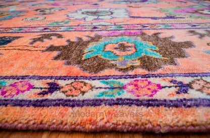 Hand-Knotted Wool Rug – Oushak Style Orange Floral Carpet, Artisan Area Rug