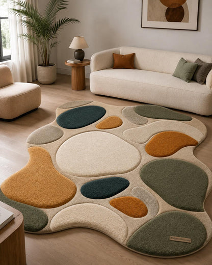 Abstract Pebble Hand Tufted Rug | Organic 3D Stone Pattern Area Rug | Boho Earth Tone Carpet | Playful Minimalist Modern Floor Art