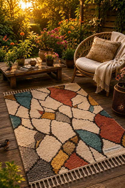 Abstract Moroccan Hand-Knotted Wool Rug | Stained-Glass Boho Carpet, Teal Rust Mustard