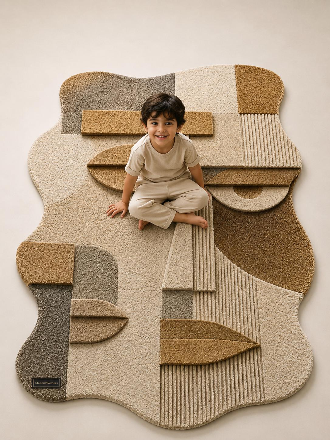 Abstract Face Hand Tufted Rug | Cubist Portrait Area Carpet | Modern Minimalist Geometric Art | Textured Neutral Statement Floor Decor