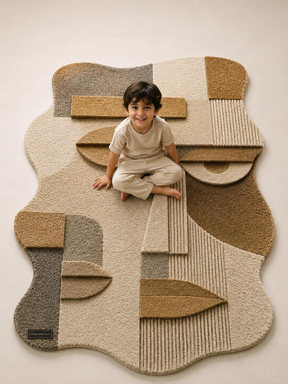 Abstract Face Hand Tufted Rug | Cubist Portrait Area Carpet | Modern Minimalist Geometric Art | Textured Neutral Statement Floor Decor