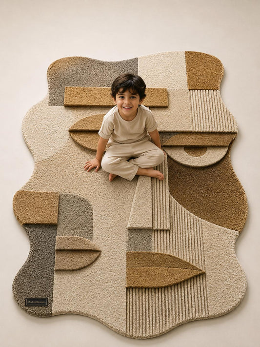 Abstract Face Hand Tufted Rug | Cubist Portrait Area Carpet | Modern Minimalist Geometric Art | Textured Neutral Statement Floor Decor