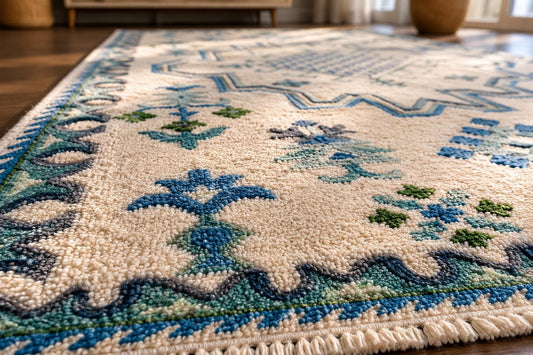 Hand Knotted Ivory and Blue Geometric Area Rug | Transitional Medallion Carpet with Green Accents | Coastal Boho Living Room Decor
