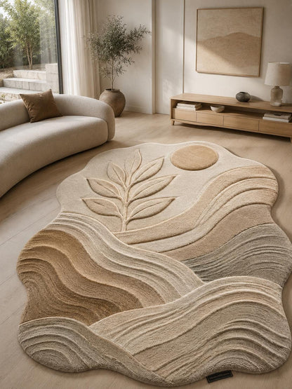 Botanical Landscape Hand Tufted Rug | Neutral Boho Wavy Area Rug | 3D Textured Leaf & Sun Carpet | Earth Tone Abstract Room Decor